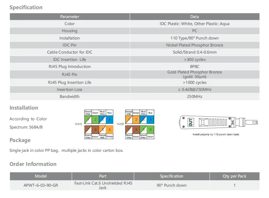 Aipu Cat. 6 Sin blindaje Keystone Jack RJ45 del módulo de 90°