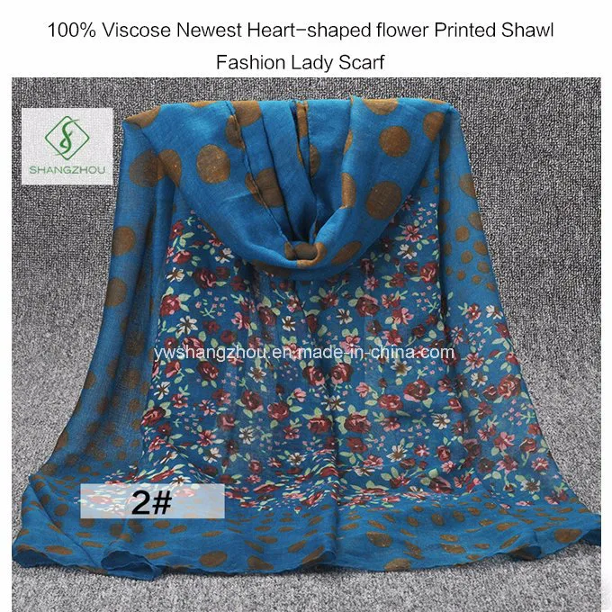 100% Viscose Newest Heart-Shaped Flower Printed Shawl Fashion Lady Scarf