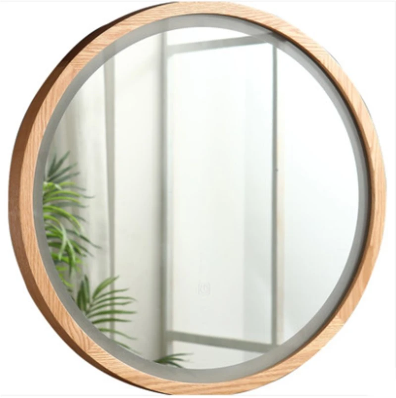 Home Nordic Simple Round Solid Wood Bedroom Wall-Mounted LED Smart Lamp Bathroom Toilet Vanity Mirror 0027