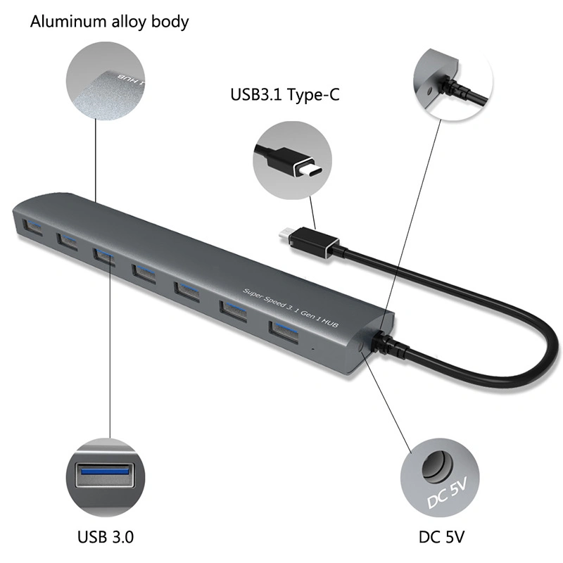 Winstars USB-C para USB 3.0 hub de alumínio de 5 gbps e 7 portas Protecção contra sobretensão