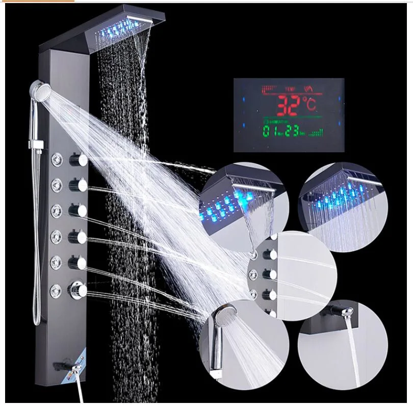 LED Digital Shower Panel Column Rain Waterfall Shower Head Massage SPA Jets Mixer Tap Spout Digital Bath Set