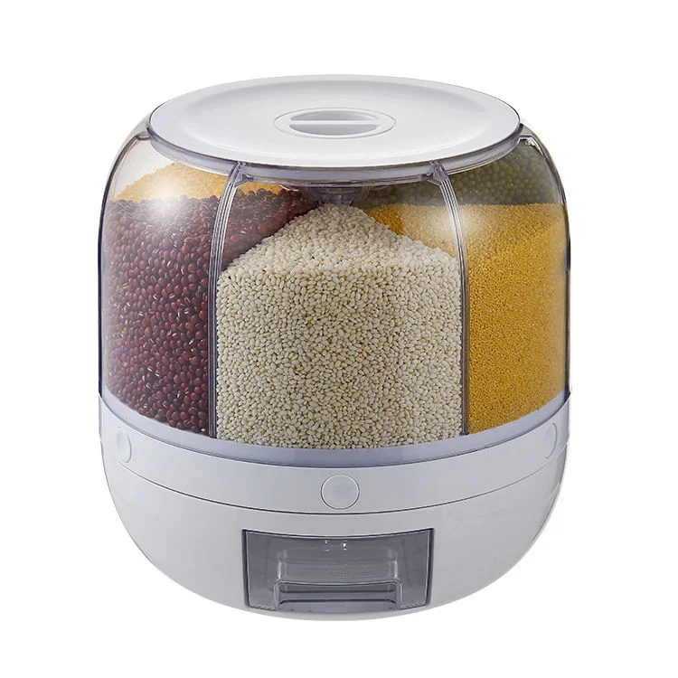 Rotating Dry Food Rice Dispenser 6-Grid Rotary Grain Buckets Rice Container Storager