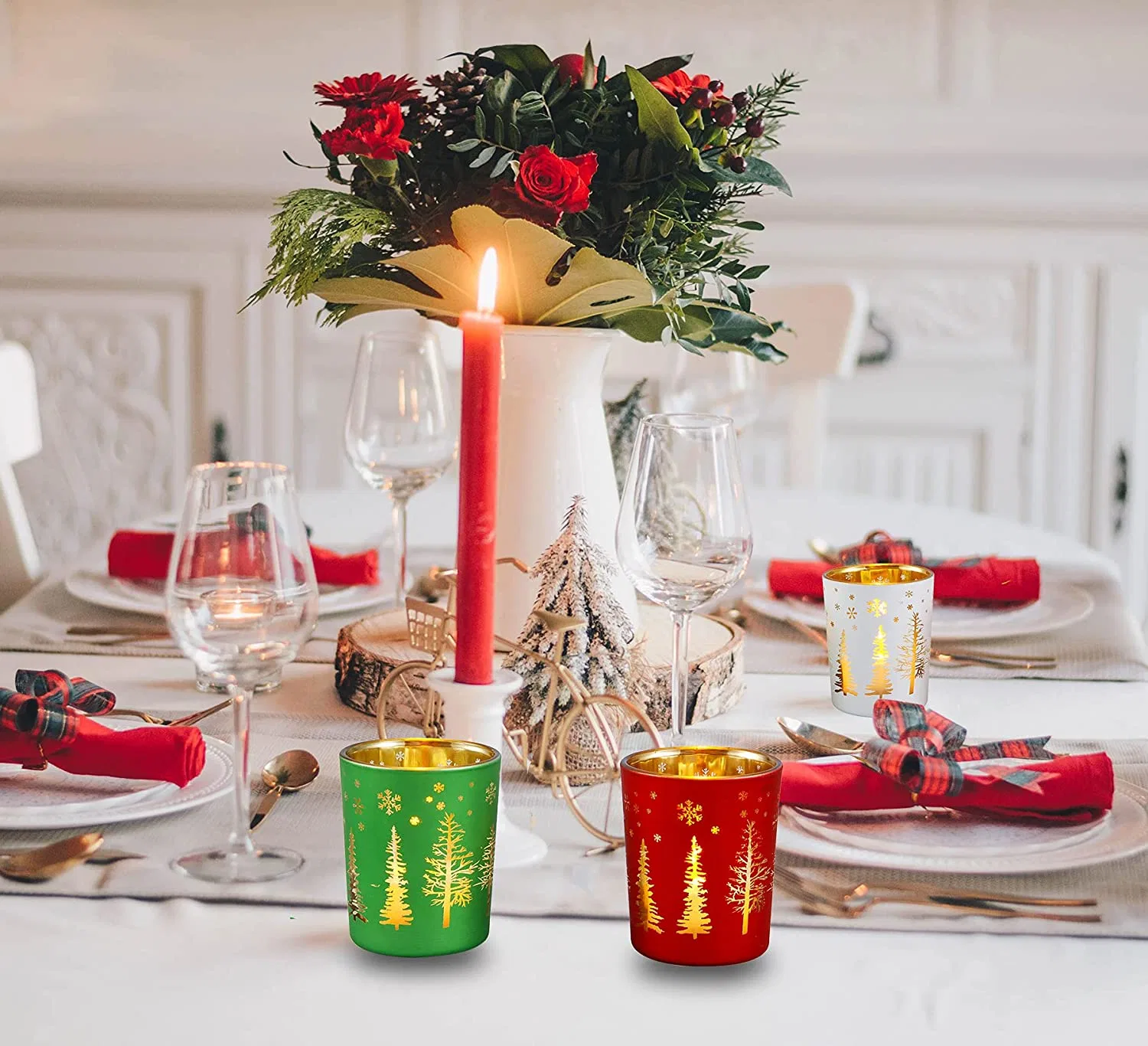 Xmas Glass Candle Holder Set with Glass Plate