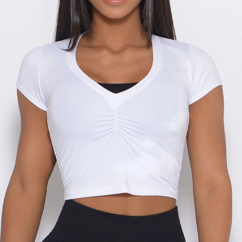 Lady Solid Color V-Neck Yoga Top Fitness Running Training Shockproof Wrinkle Tight Yoga Vest Gym Workout Clothes Short Yoga T Shirt QS1037
