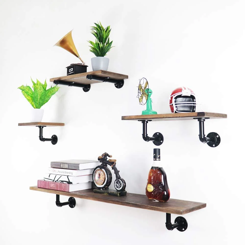 3/4" Black Rustic Real Wood Shelves with Industrial Pipe Brackets