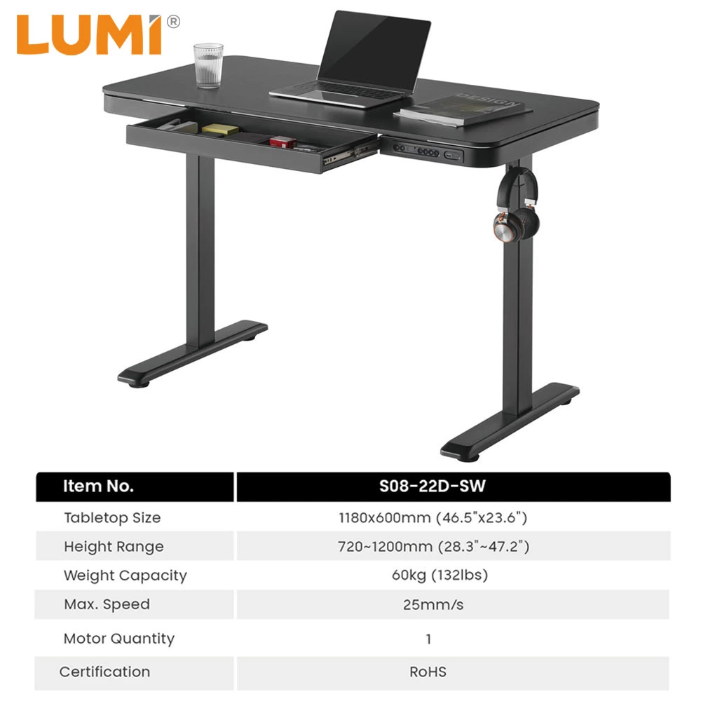 Siège de jeu à hauteur réglable et levage ergonomique électrique à moteur unique intelligent Bureau avec tiroir et ports USB pour ordinateur portable de bureau Ordinateur monter et descendre en position relevée