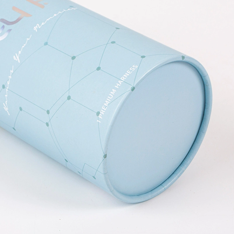 White Kraft Paper Tube Packaging Custom Silver Foil Cylinder Box with Light Blue Printing