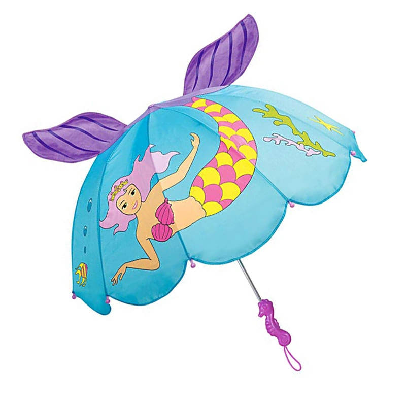 Blue Mermaid Umbrella for Girls with Fun Seahorse Handle and Pop-up Tail