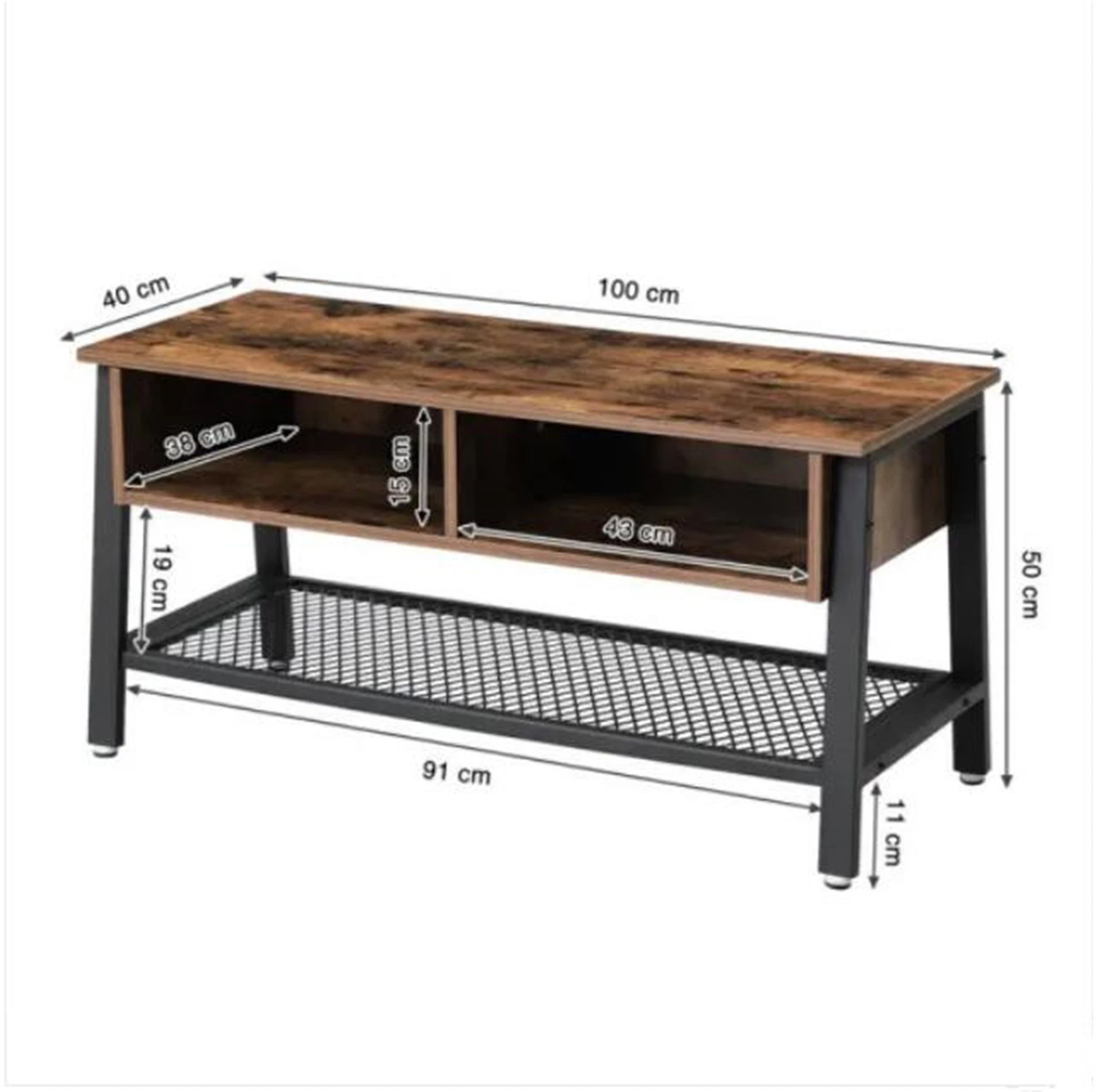 Industrial TV Stand with Mesh Shelf and Open Compartment