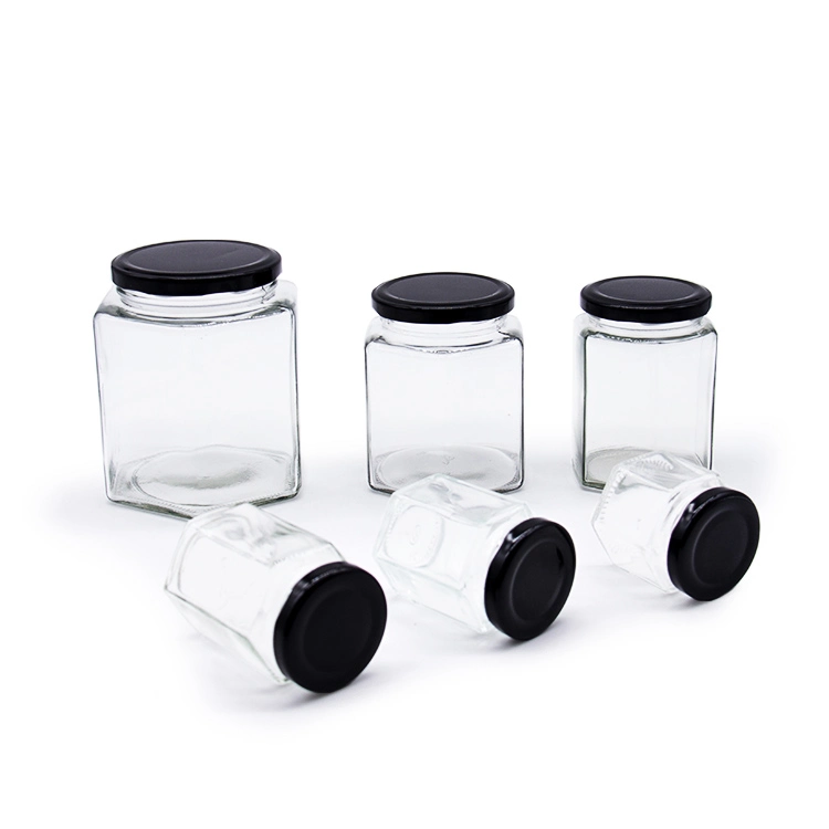 The New High quality/High cost performance Lead-Free Hexagonal Glass Jam Honey or Food Storage Jar with Metal Lids