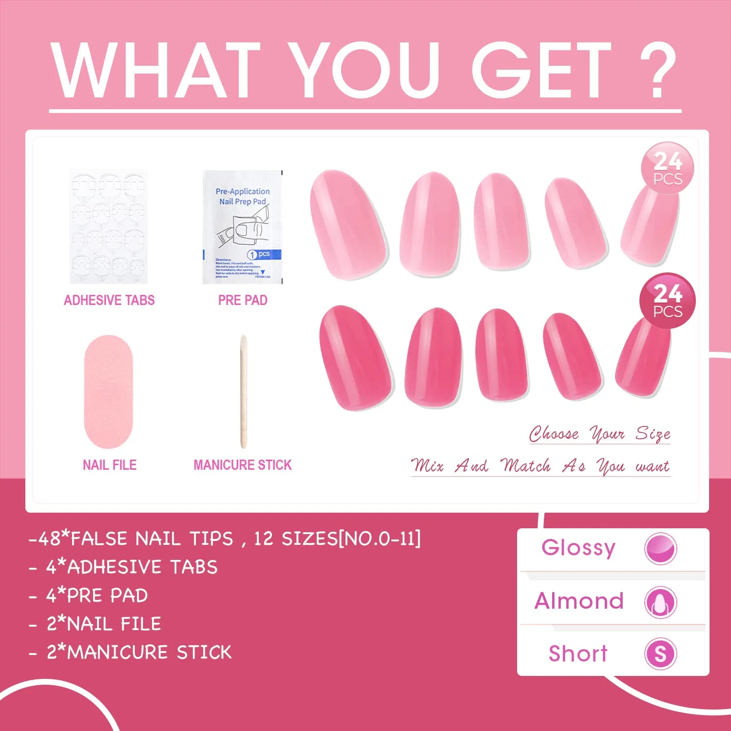 Kit de clous à coller Fake Stick-on brillant Short Rose Uni Color Manucure