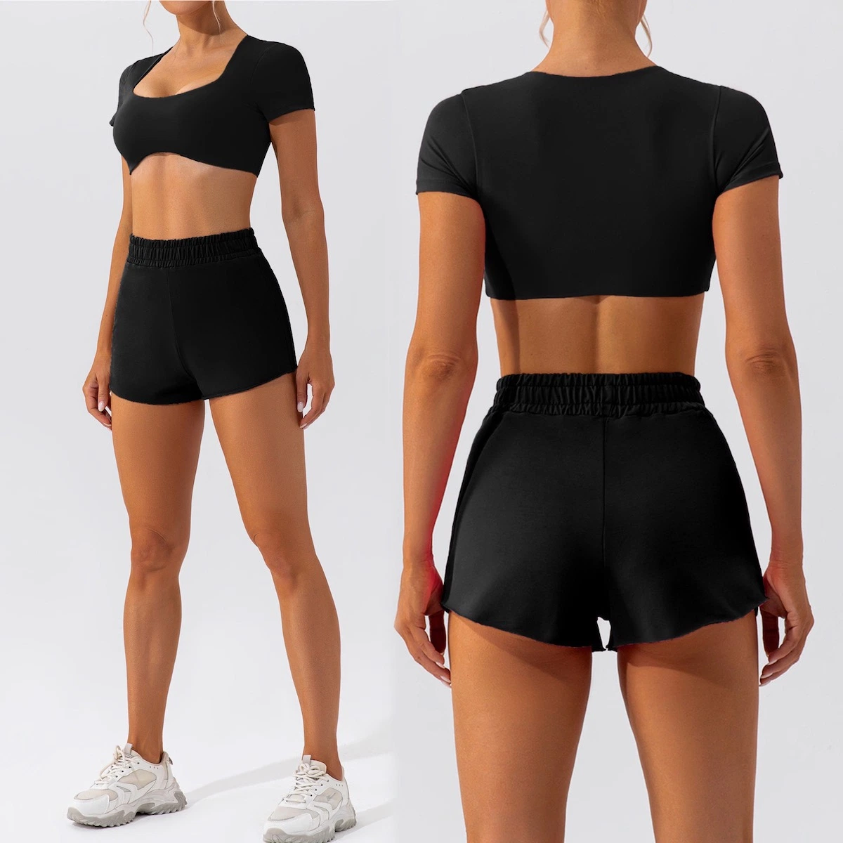 New Listing 2 PCS Cute Leisure Summer Street Active Wear for Young Teens, Custom Sports Gym Short Sleeve Crop Top with Bra + Running Shorts with Pocket