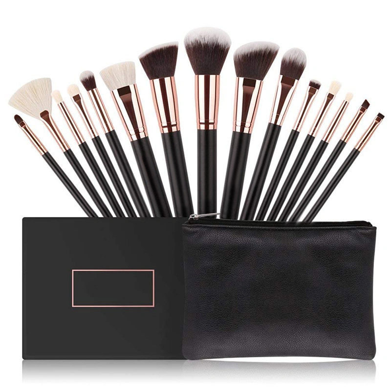 15PCS Black Wooden Handle Professional Makeup Brush Kit with Black PU Leather Bag