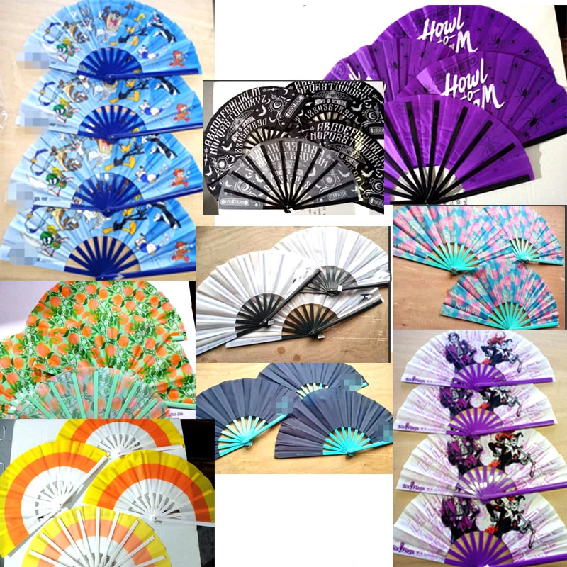 Custom Printed Big 33cm Clack Custom Logo Printing Fabric Satin Rave Hand Held Fan