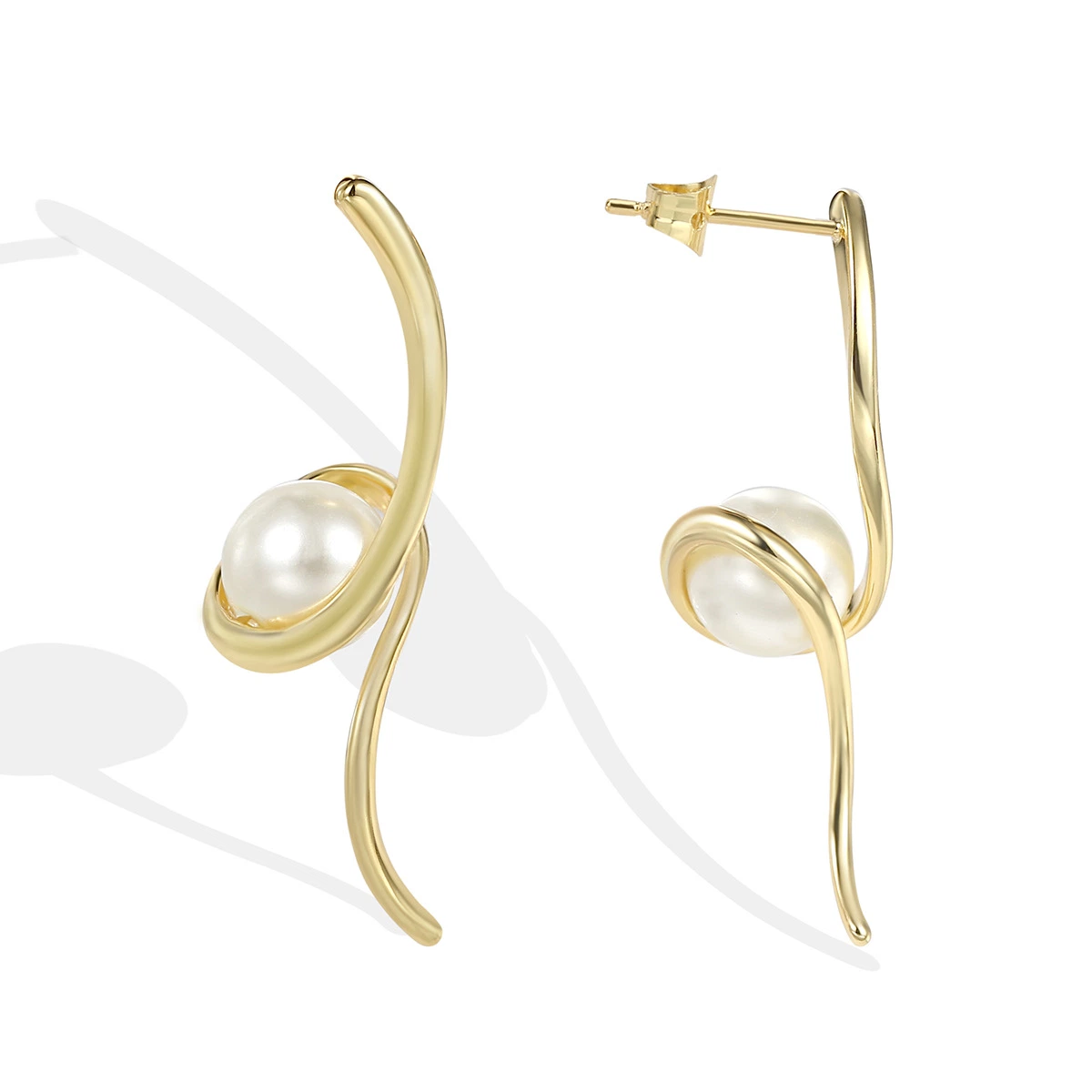 Wholesale Fashion 18K Gold Plated Brass Geometric Spiral Pearl Dangle Drop Stud Earrings Jewelry for Women