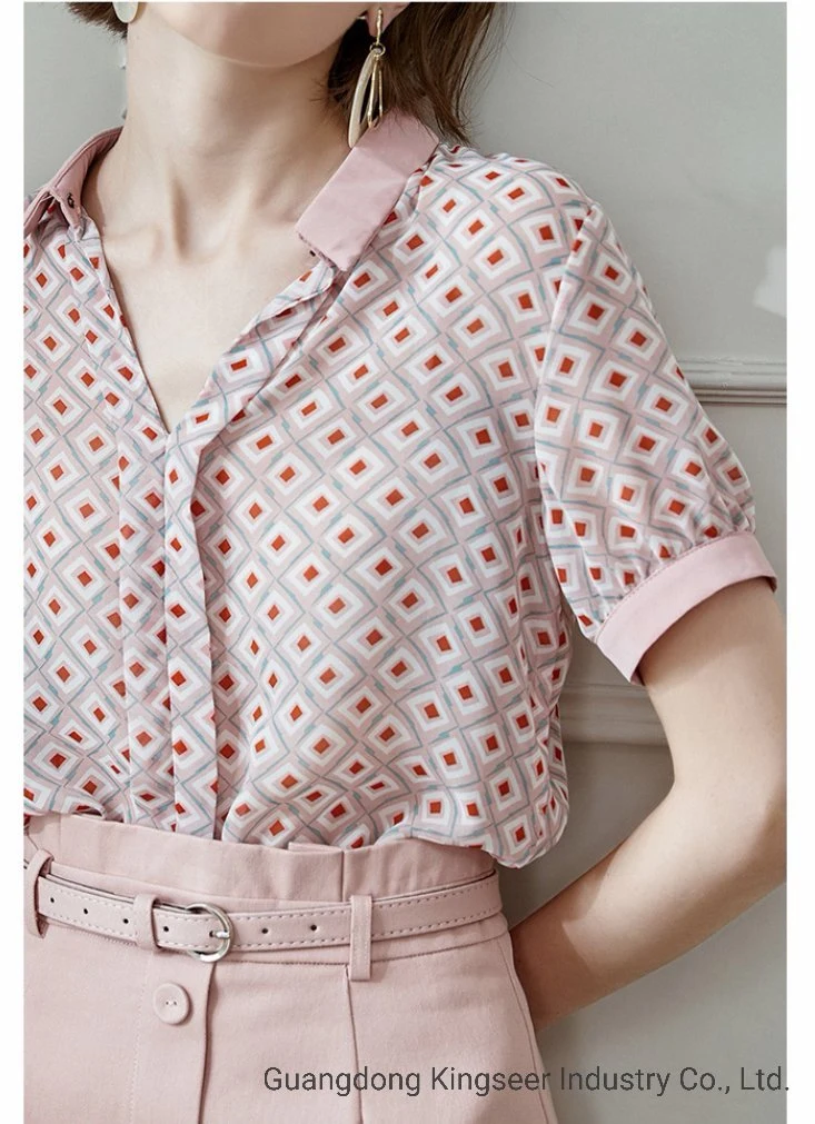 Lady New Fashion Ladies Short Sleeved Polyester Orange Chequer Printing Casual Shirt Apparel for Women