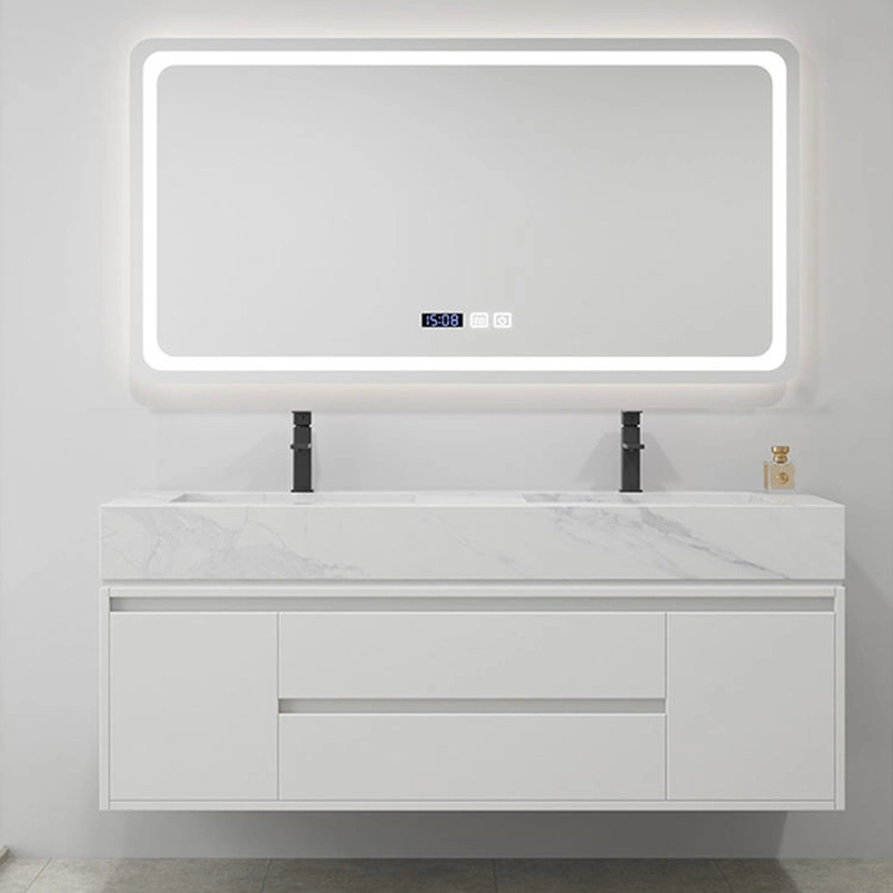 Modern Minimalist White Wall-Mounted Bathroom Storage Vanity Cabinet Set with Sink Basin