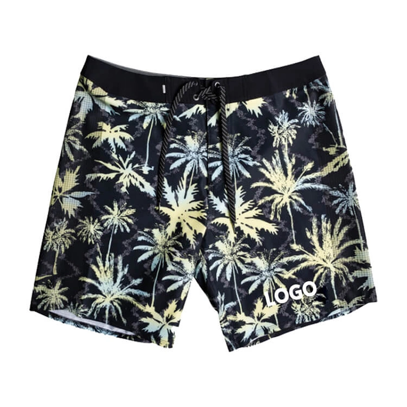 Wholesale/Supplier Leaves Print Hawaiian Blue Long Men Swim Trunks Board Shorts Clothing with Zipper Pockets