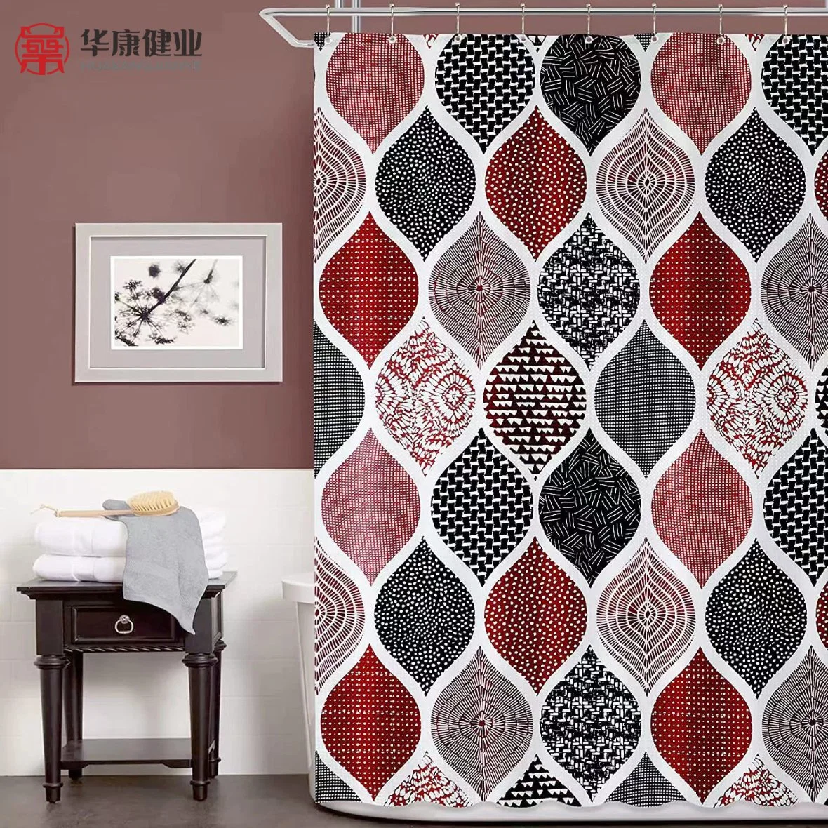 100%Polyester Bathroom Shower Curtain with Printed Patterns for Hospital Home