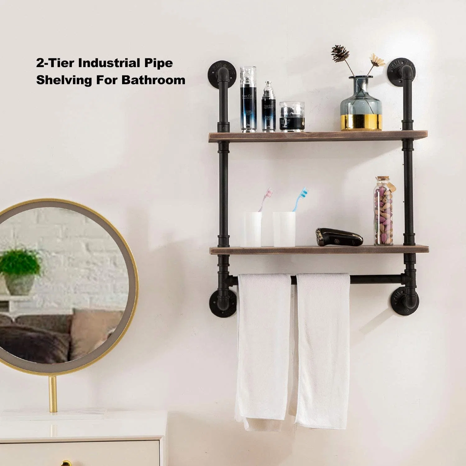 Rustic Bathroom Shelves Wall Mounted, Farmhouse Black Pipe Shelving Wood Shelf, Metal Floating Shelves Towel Holder