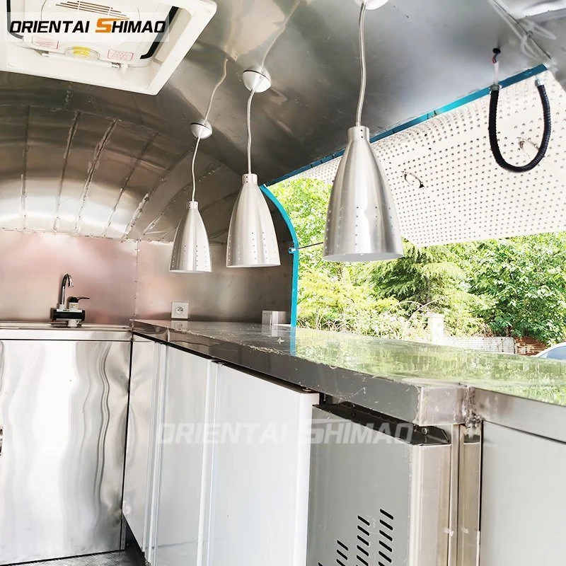 Espejo Acero inoxidable Airstream móvil rápido camión de alimentos con electricidad Sistema de alimentación