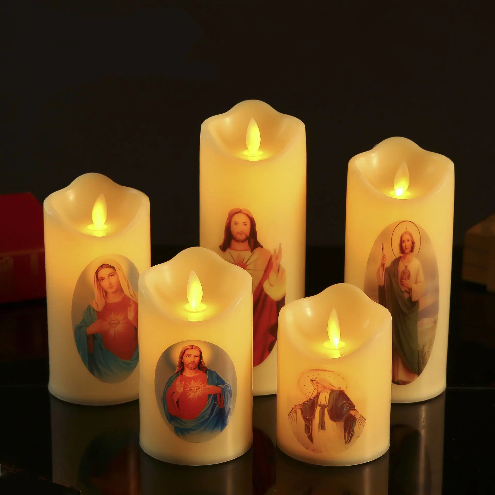 Горячая продажа Custom Design религиозный беспламенный аккумулятор работает Virgin Jesus Candles Moving Wick Church LED Candle