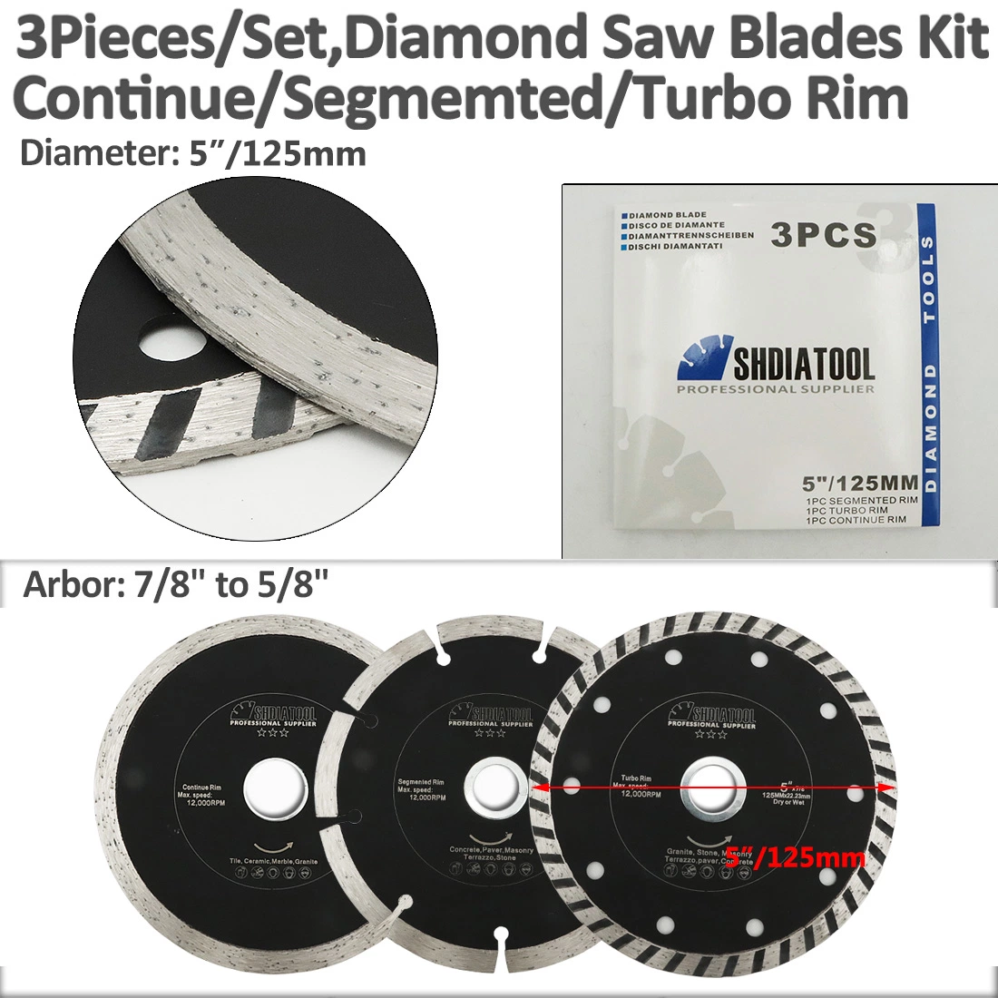 Kit de lâminas de serra diamantada continuar/segmentadas/lâmina de corte de jante turbo/3 peças