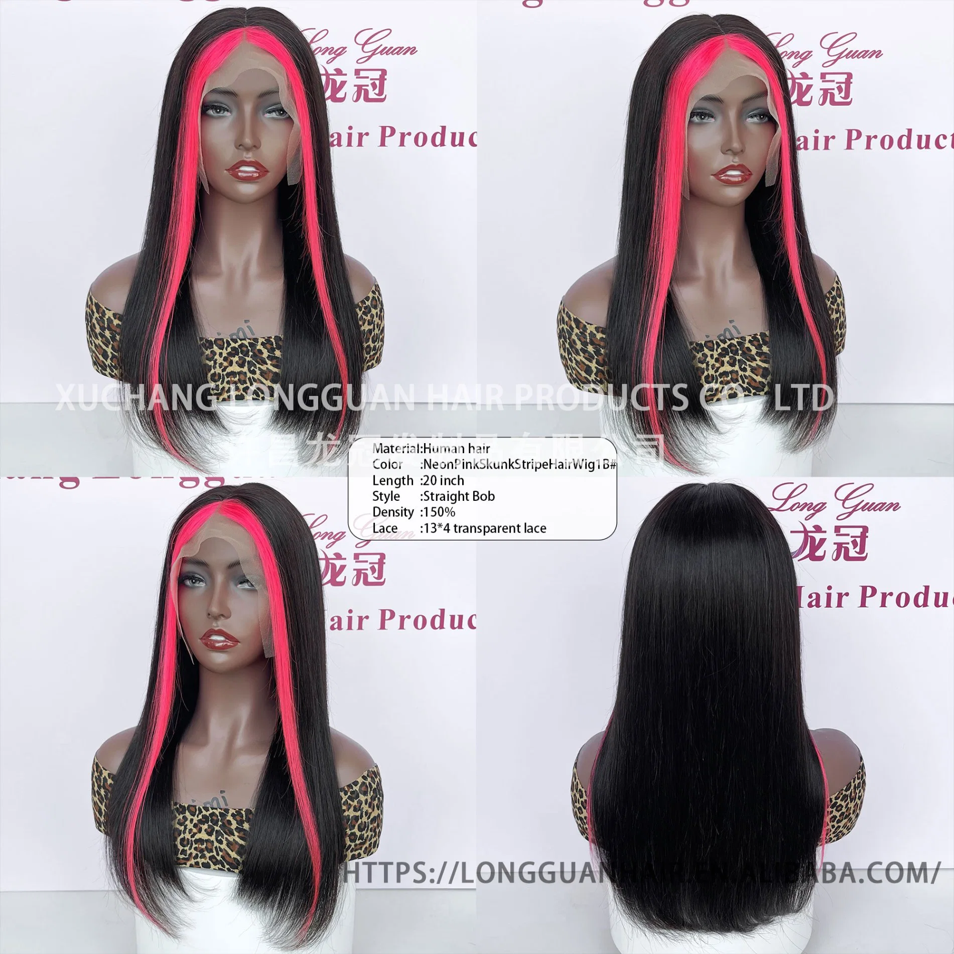 Human Hair 20-Inch Neonpink#1b# Straight 13X4 Skunk Stripe Lace Front Wigs