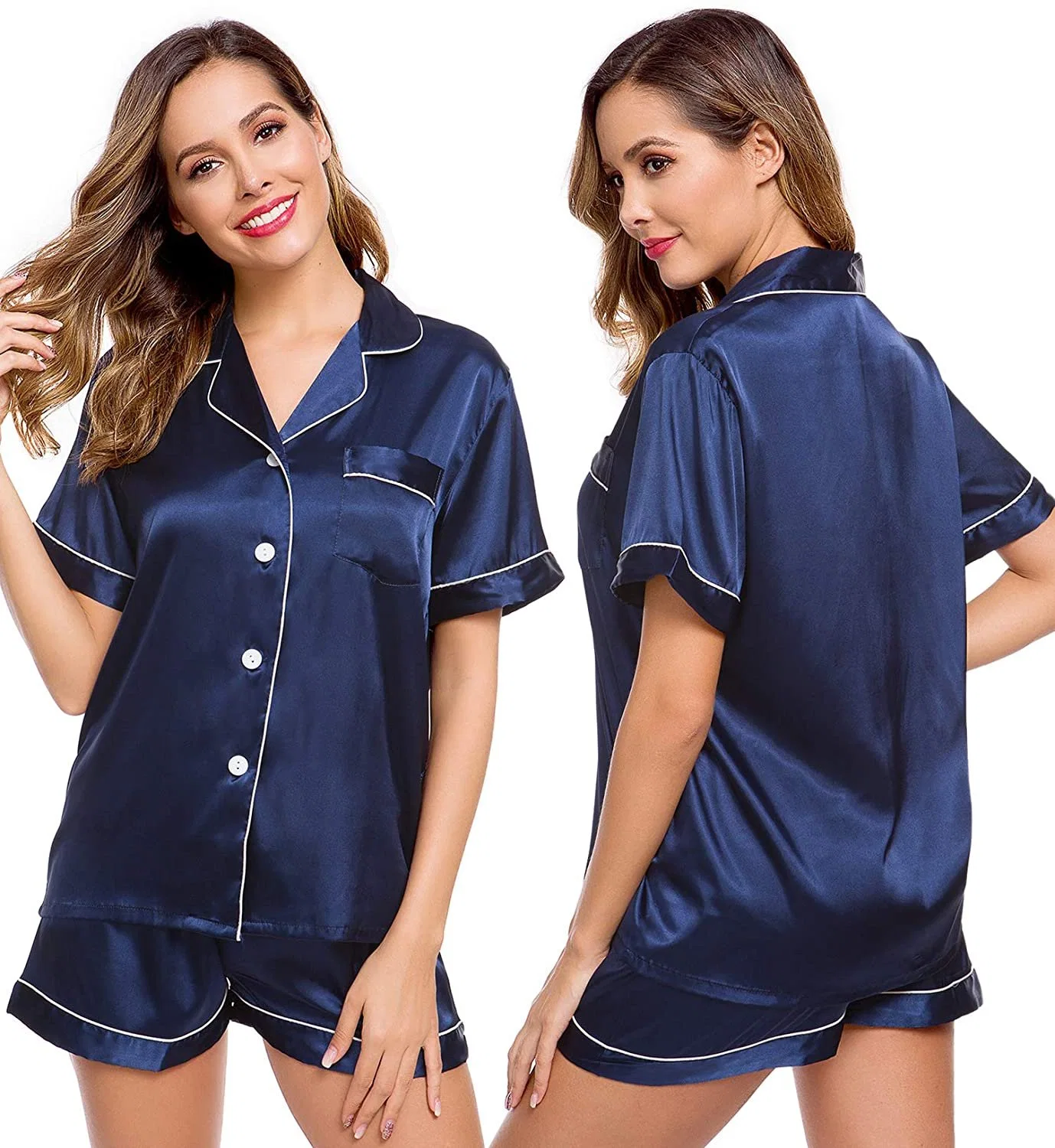 Skylark Großhandel Komfortable Seide Satin Zweiteilige Knopf Down Pyjama Set