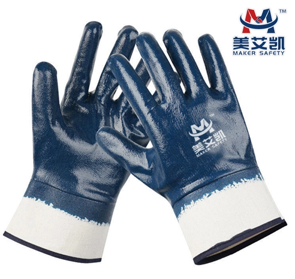 Heavy Duty Jersey Cotton Safety Cuff Full NBR Blue Nitrile Coated Safety Work Gloves Labor Protective Gloves En388 3111X