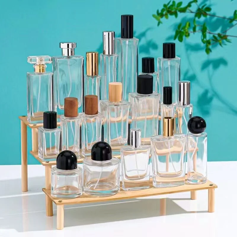 Bouteille de parfum en verre transparent de 10 ml, 35 ml, 50 ml et 100 ml avec vaporisateur, bouteille en verre carrée de 80 ml, bouteilles d'aromathérapie, bouteille de lotion cosmétique