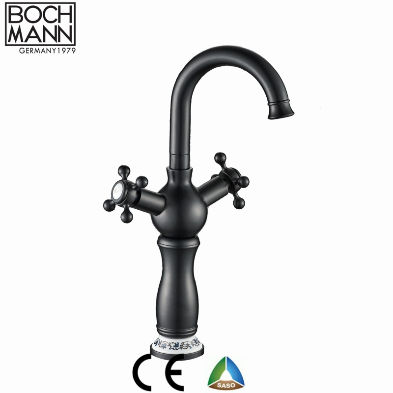 Matt Black Color Luxury Double Handle Wheel Bathroom Basin Mixer