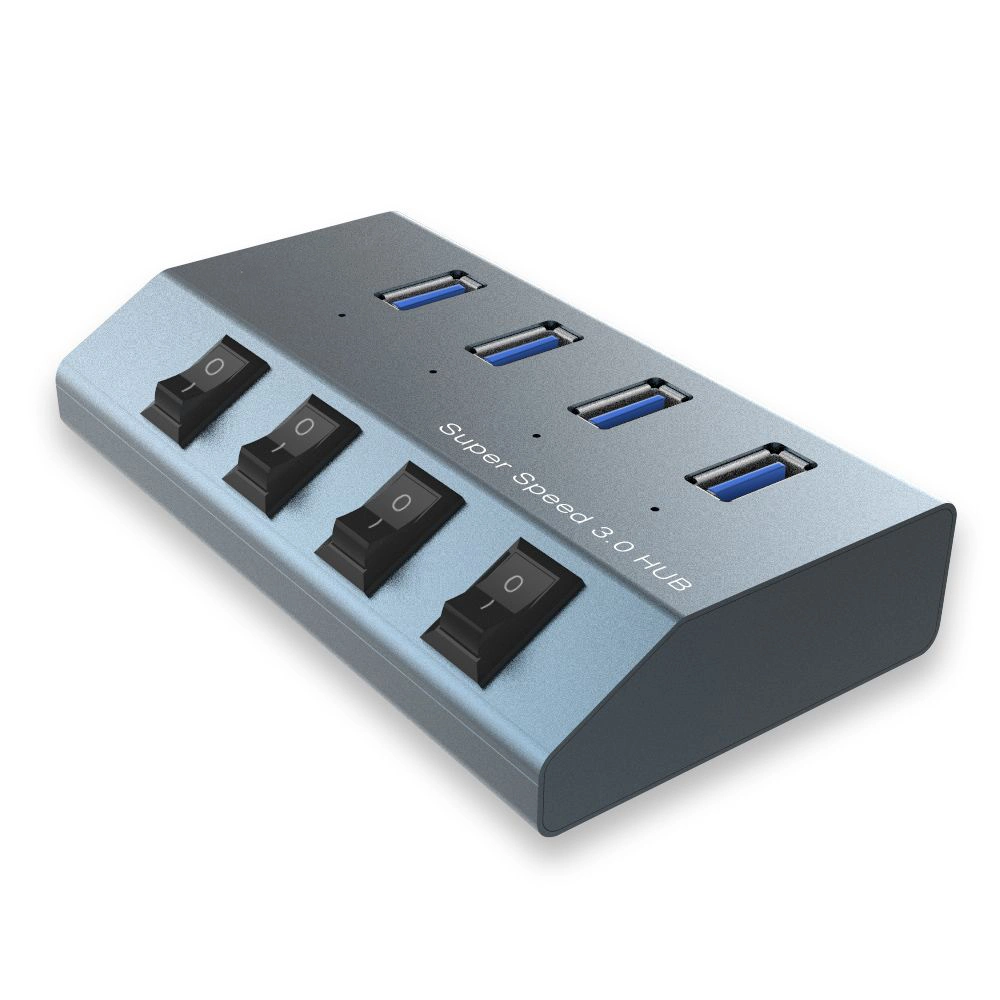 Hub vertical de aluminio de 4 puertos USB 3,0 con encendido/apagado individual Interruptor USB cable adaptador divisor carga rápida 20V/4A