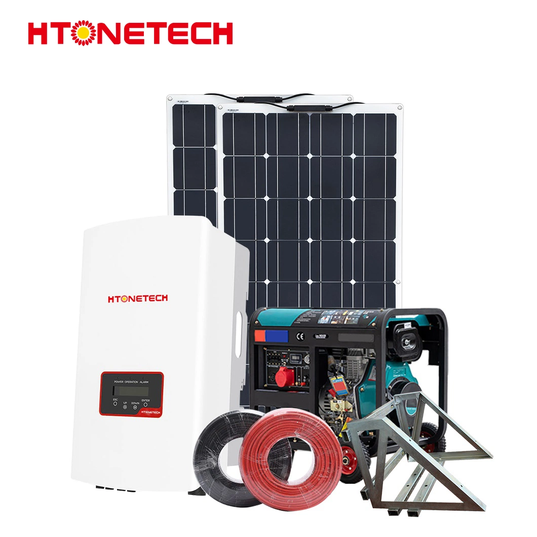 Htonetech Mono Round Solar Panel Factory 30kW Inversor Solar Híbrido China 30kW en sistema de energía solar de la red con 1300kw diesel Generador