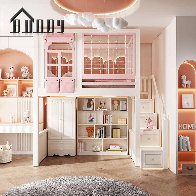 Solid Wood Princess Kids Bunk Beds Bedroom Furniture with Desk Wardrobe Storage Loft Bed