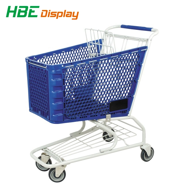 Supermarket Grocery Plastic Hand Push Trolley Shopping Cart with Plastic Basket