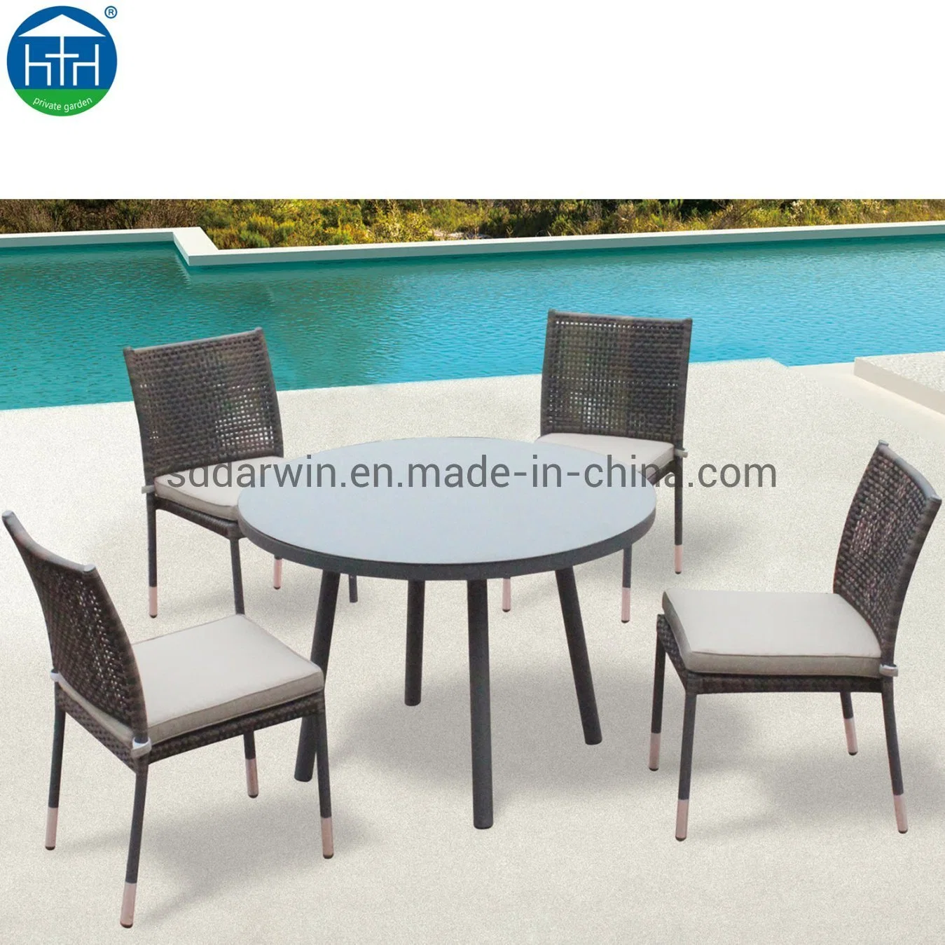 Patio con jardín Conjunto de ocio al aire libre muebles de mimbre tejido Rattan mesa de comedor y sillas