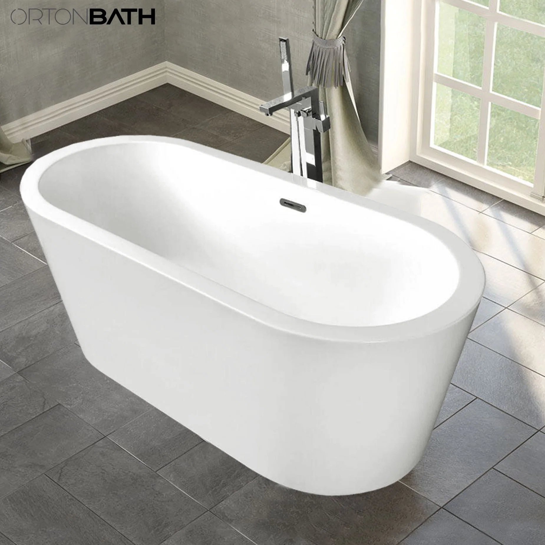 Ortonbath Reversible Rectangular Drain Adult Acrylic Freestanding Hot Swim SPA Bathtub Bath Tub Freestanding Plastic Soaking Sanitary Ware Bathtub