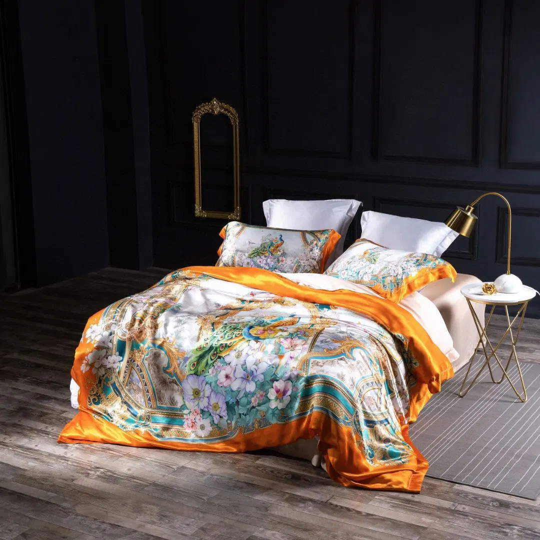 Top Luxury Orange Silk Printing Quilt capa seda Pillowcase King Folhas de tecido de alta qualidade para casa, 4 peças, ODM/OEM, instaladas na cama Conjunto de material de cama impresso Fornecedor