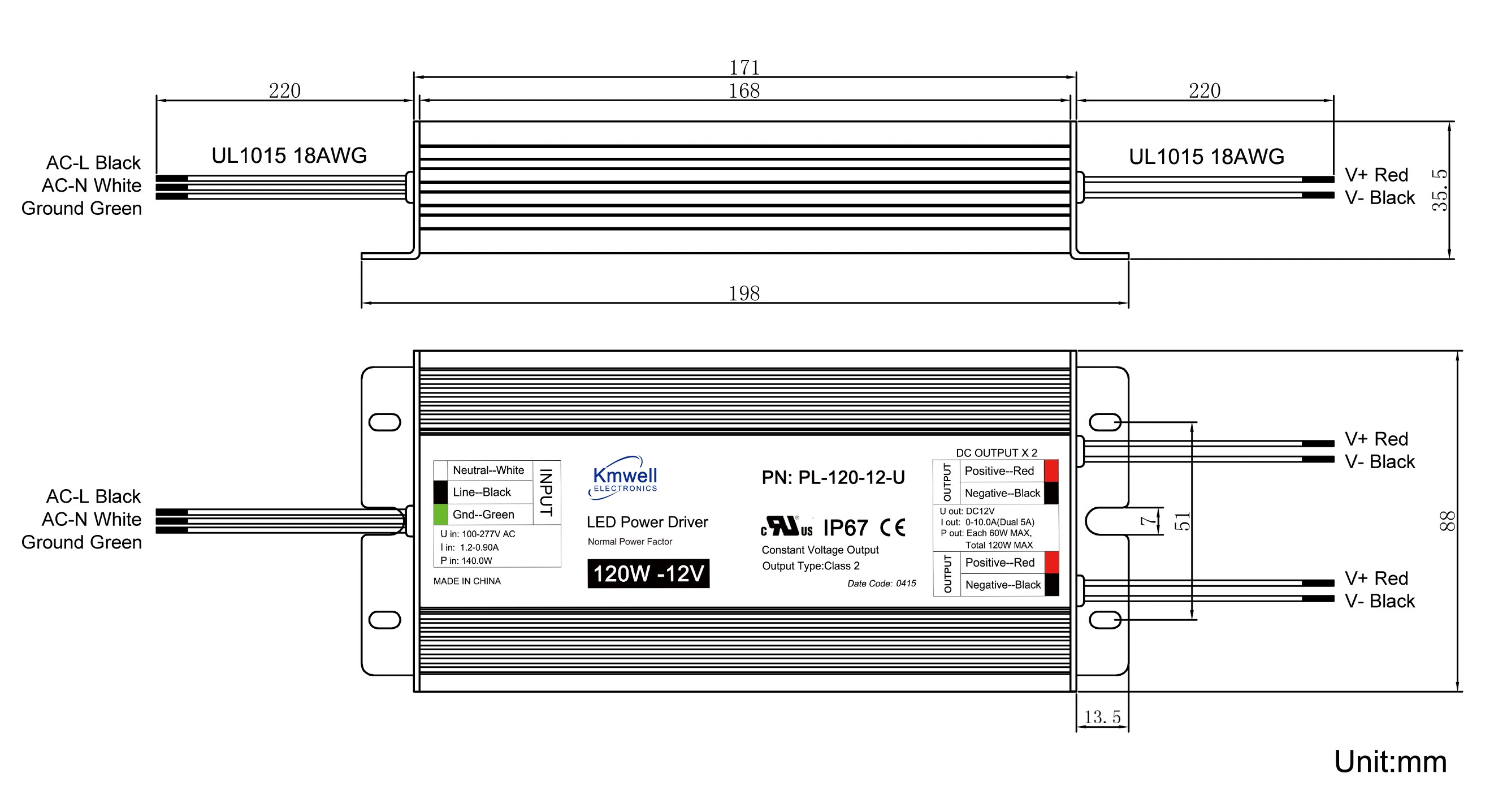 Водонепроницаемая IP67 120W12v источник питания постоянного тока с двумя выходами Pln-120W светодиодный драйвер для использования вне помещений подписать электрические Статические преобразователи