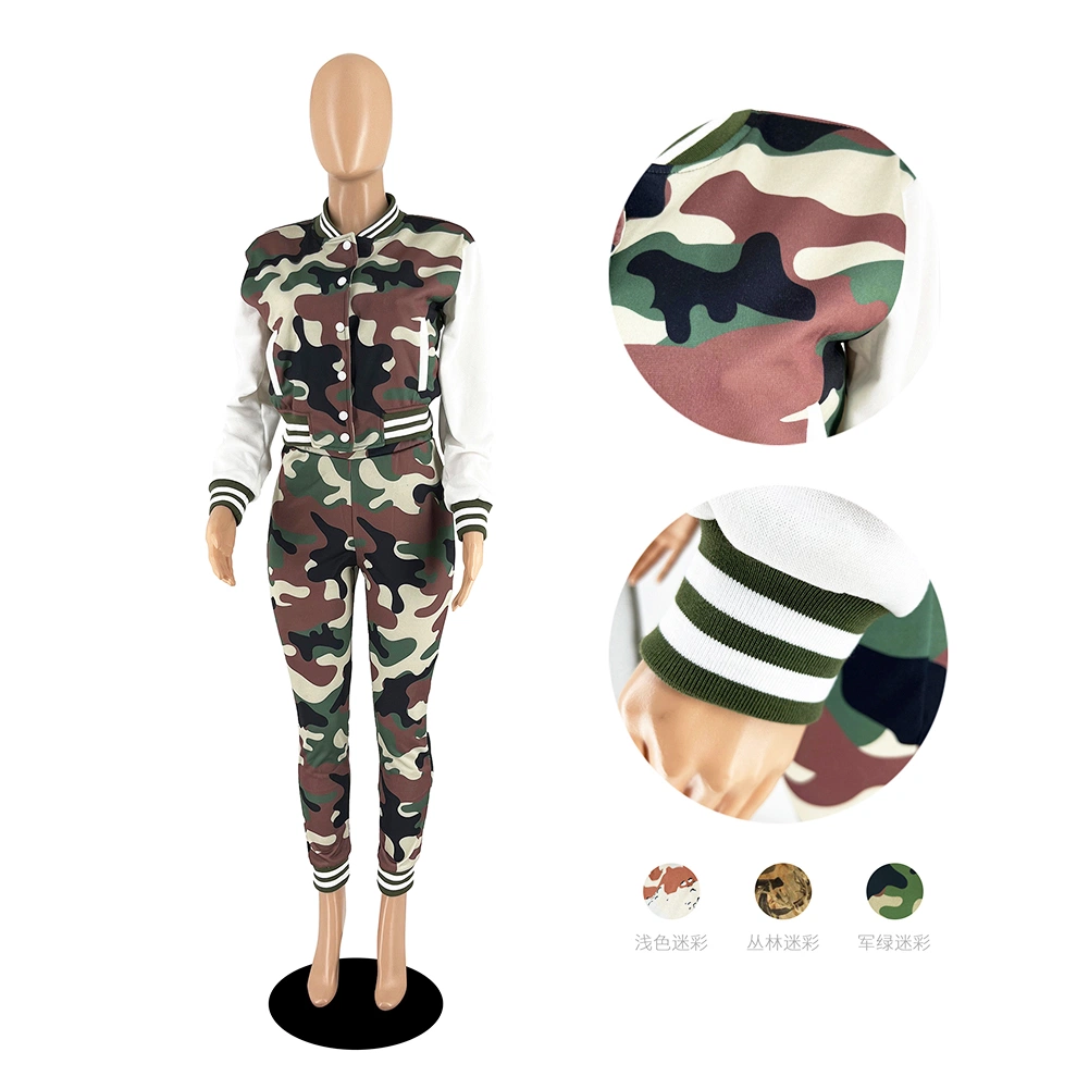 L287622 Single Breasted Long Sleeve Ribbed Sudadera Béisbol uniforme Camo Conjunto de chaqueta