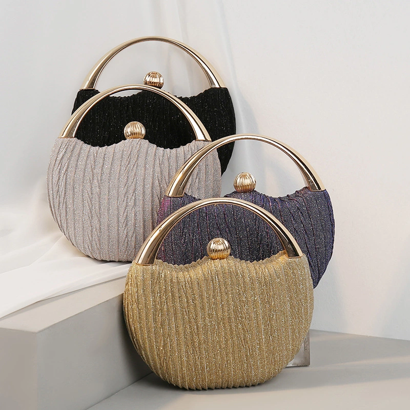 Pleated Dinner Party Bag Banquet Women Fashion Metal Portable Box Bag Round Bag