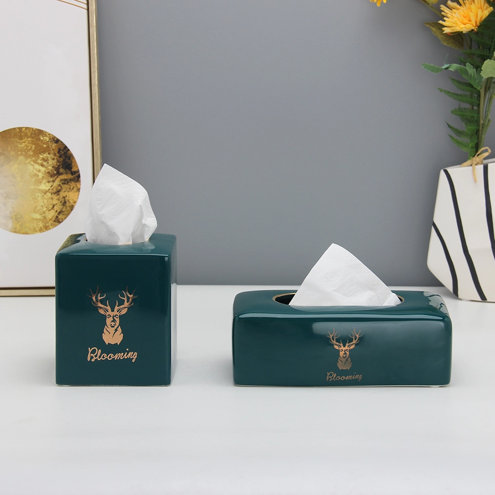 T016 Other Home Decor High Quality Porcelain Rectangular Tissue Box Christmas Decoration Ceramic Cyan Gold Box Holder Tissue