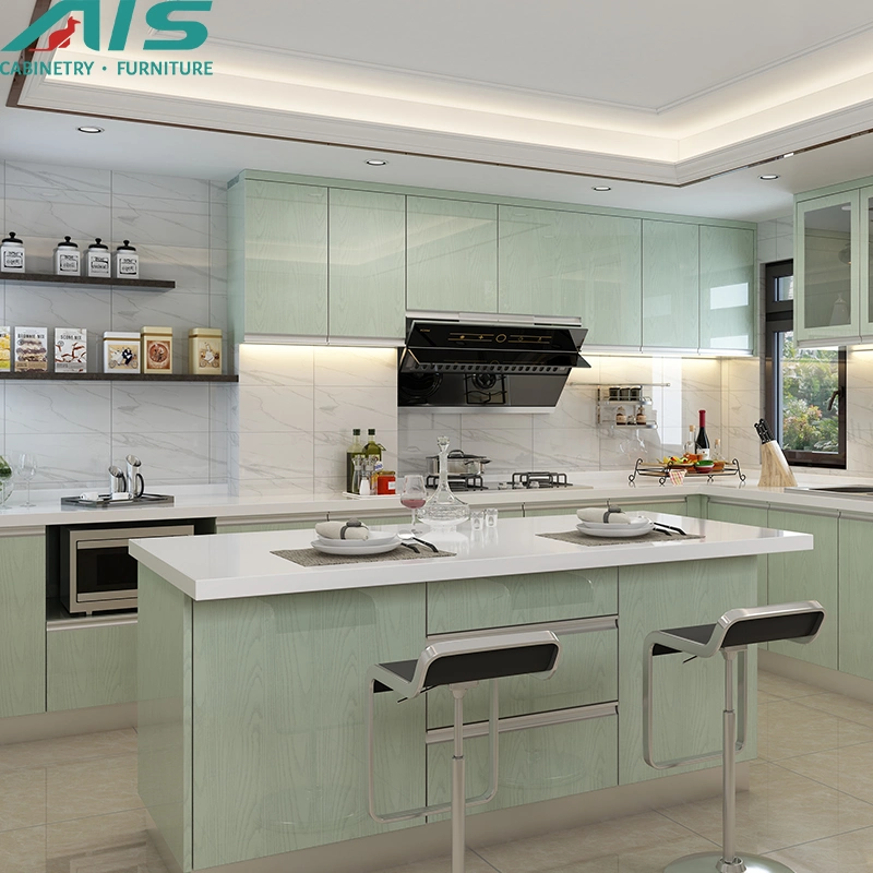 AIS Modern European Design Style Custom Luxury High quality/High cost performance Green Melamine L Shape Kitchen Cupboards Cabinets with Sink Set