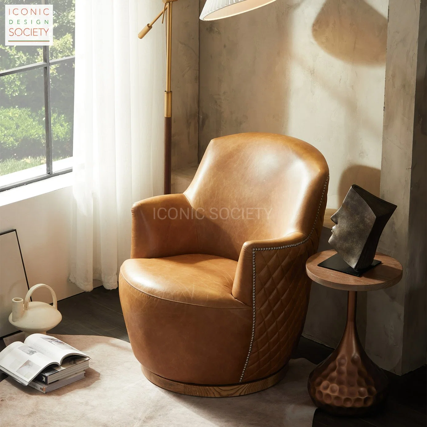 Modern Handmade Hotel Office Living Room Furniture Leisure Genuine Leather Swivel Accent Chair