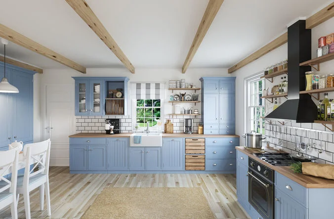 Blue Color Kitchen Cabinets with Plywood Counter Bench and 304 Sink