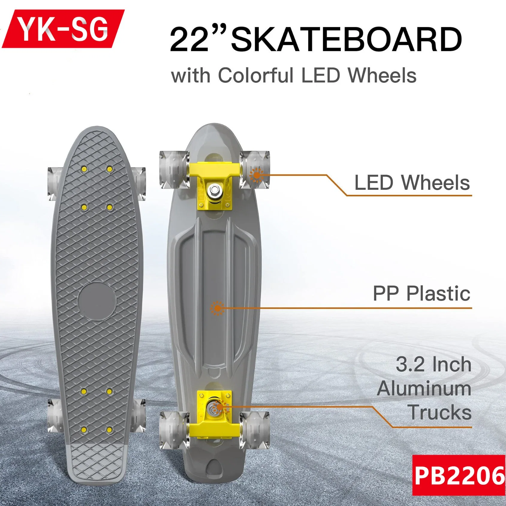 22 Inch Transparent LED Shining PP Plastic Skateboard with Four Wheels Fish Board