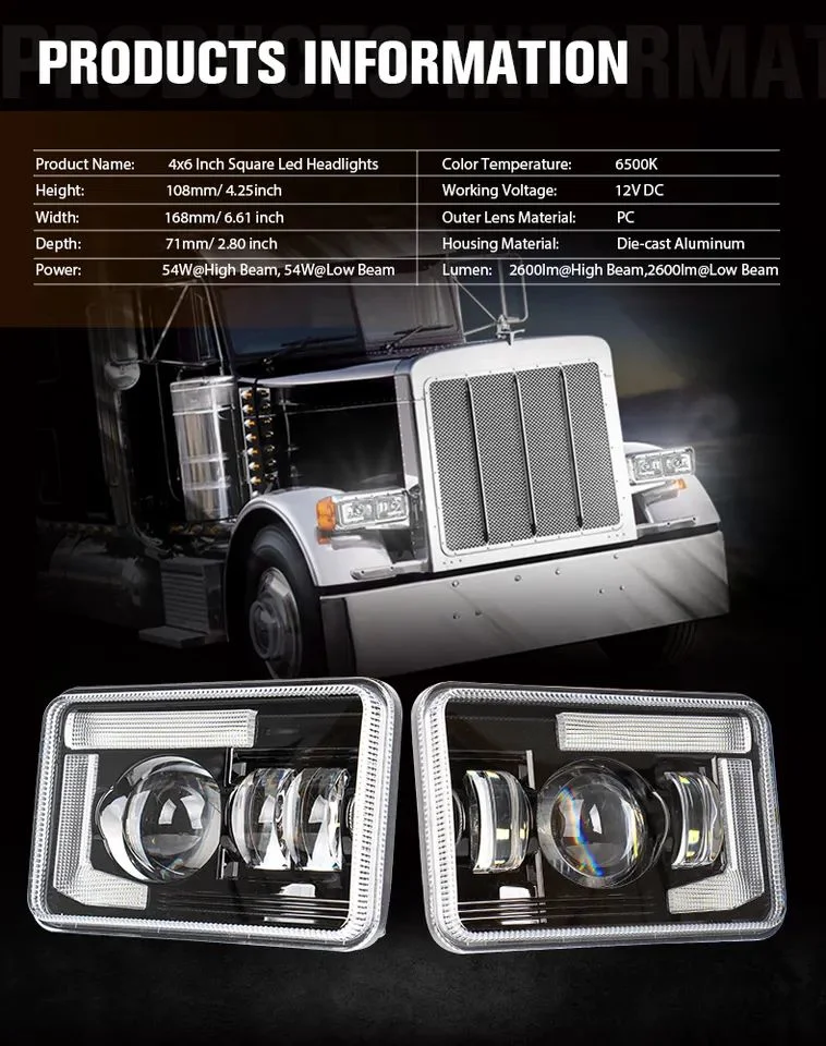 Sistema de iluminación automática de alta calidad LED de 4x6 pulgadas cuadradas de Faros Faros de alta, baja 54W DRL Faro de Kenworth