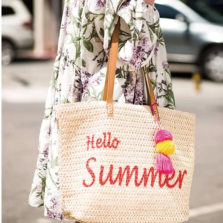 Factory-Direct Eco-Friendly Summer Woman Handbags Polyester Cartoon Printing Crochet Paper Straw Beach Bag Woven Tote Beach Bag