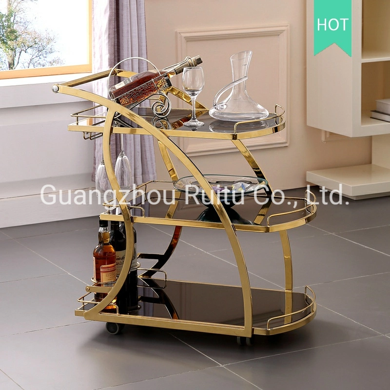 Luxury Gold Silver Metal Stainless Steel Glass Tea Wine Food Catering Drinks Serving Trolley Bar Cart for Hotel Restaurant Wedding Party